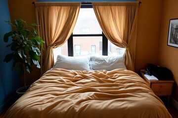 Old-fashioned bedroom with heavy drapes partially open, letting in soft morning light for a somber wake-up call