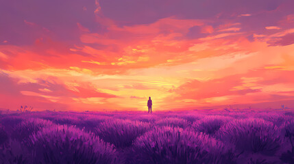 Fototapeta premium A solitary figure stands amidst a vibrant field of lavender under a stunning sunset sky, creating a serene atmosphere. Dreamscape. Illustration