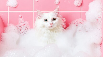 A cute ragdoll cat kitten in bath with soap foam on glossy pink tile fashion background. adorable pet portrait shampoo pet grooming salon spa wallpaper