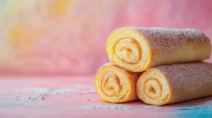 Swiss Rolls with Powdered Sugar on Gradient Background