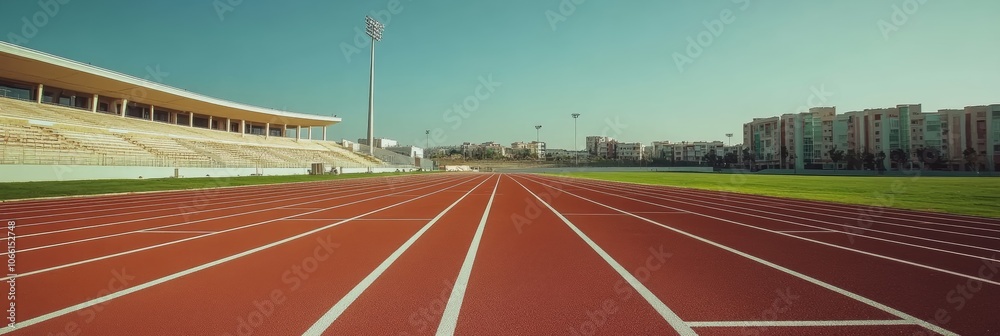 Poster Empty running track stretching into the distance within a modern stadium, bleachers on one side and a cityscape on the other, conveying a sense of anticipation and potential