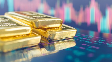 Gold bars with financial chart economy finance rich wealth investment background. gold trade market and stock market investing