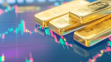 Gold bars with financial chart economy finance rich wealth investment background. gold trade market and stock market investing