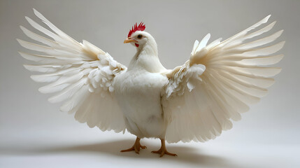 Obraz premium White Chicken with Spread Wings, bird, feathers, poultry, farm animal, domestic animal