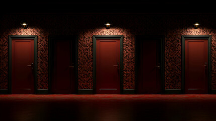 Red Doors and Patterned Wallpaper in a Dark Corridor, hallway, room, interior design, vintage, retro