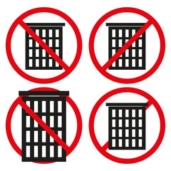 No building icon. Red prohibition symbol. Skyscraper ban sign. Vector warning.