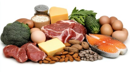 An assortment of nutritious food items, including salmon, avocados, and vegetables, beautifully displayed on a wooden surface
