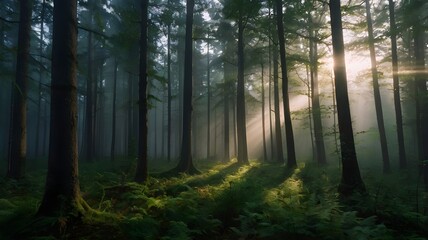 Fototapeta premium Misty Dawn in a Tranquil Forest with Soft Sunlight and Gentle Shadows
