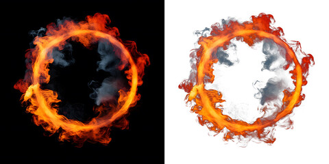 Fiery Circular Smoke Ring with Red and Yellow Gradient on white, black, transparent background. PNG