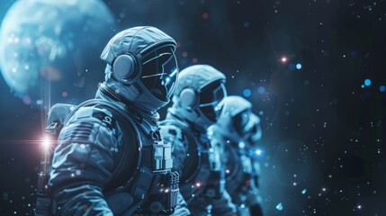 Naklejka premium Team of astronauts in advanced spacesuits is observing a nearby planet from the vastness of space, showcasing the potential of future space exploration and technological advancements