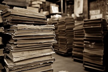 Fototapeta premium Stacked Books in a Vintage Bookstore