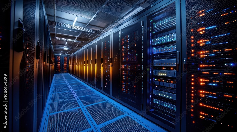 Poster Row of Servers in a Data Center with Illuminated Lights