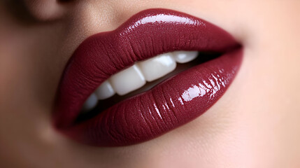 Fototapeta premium Closeup of Woman's Lips with Burgundy Glossy Lipstick, gloss lipstick, red lips, beauty, makeup, close up