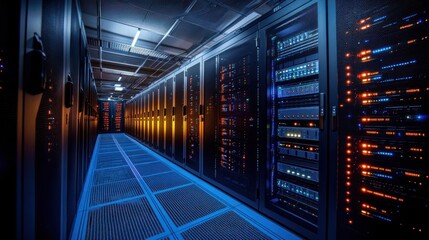 Row of Servers in a Data Center with Illuminated Lights