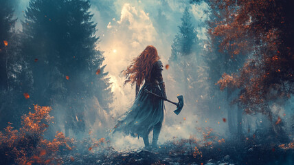 Obraz premium A warrior stands in a misty forest with an axe, surrounded by autumn leaves and morning light