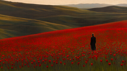 A Solitary Figure in a Field of Red Poppies, poppy field, flowers, meadow, hills, hillsides