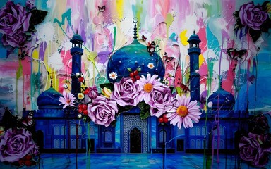 Mosque illustration for Ramadhan kareem greeting, Ramadan Islamic holy month design, Mosque acrylic painting water color