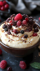 Pudding is a creamy, smooth dessert made from ingredients like milk, sugar, and thickening agents such as cornstarch or eggs.