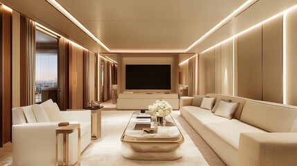 Fototapeta premium Modern living room with beige walls, a large couch, two armchairs, a coffee table with flowers, and a large TV.