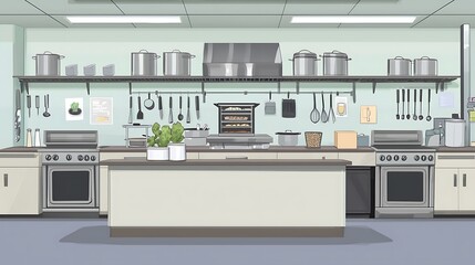 Clean and Modern Commercial Kitchen Interior.