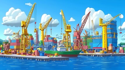 Naklejka premium Cargo Ship Docked at Busy Port.