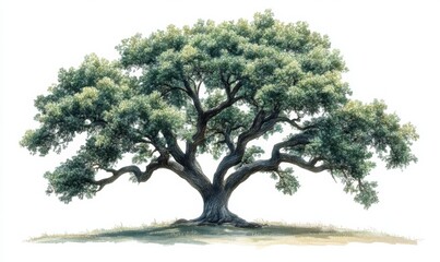 Fototapeta premium Watercolor oak tree with sprawling branches and deep green leaves, majestic and detailed, 3D illustration