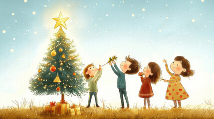 Children joyfully decorating a Christmas tree under a snowy sky, celebrating the festive season together with cheerful expressions.
