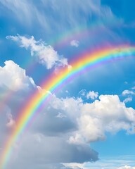 A vibrant rainbow arches through a blue sky filled with fluffy clouds.