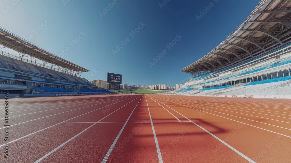 Aufkleber red running track stretching through a modern stadium under a clear blue sky, creating an inviting s