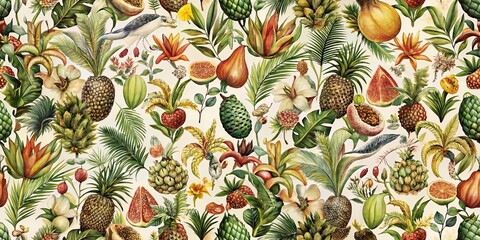 Obraz premium Tropical fruit and botanical pattern with lush foliage and exotic blooms