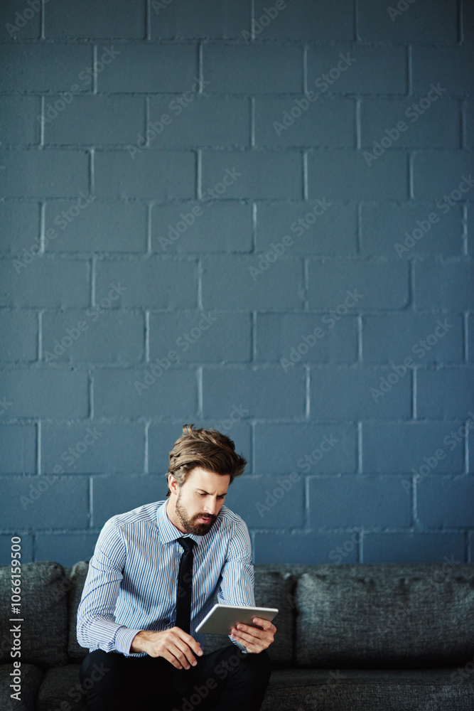 Poster online, tablet and search with business man for cloud solutions architect, it consultant or mockup. 