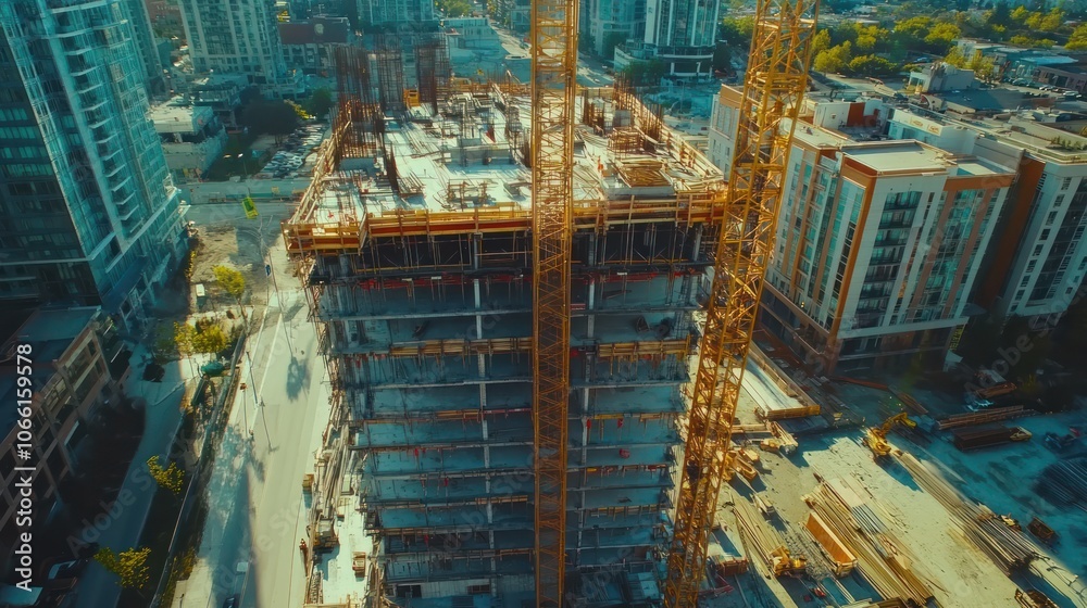 Poster Aerial View of a Skyscraper Under Construction with Surrounding Buildings and a Crane