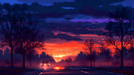 Car driving on a road at sunset, trees, silhouette, landscape, nature, evening