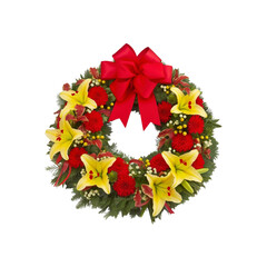 Festive Christmas Wreath with Red Bow and Yellow Lilies