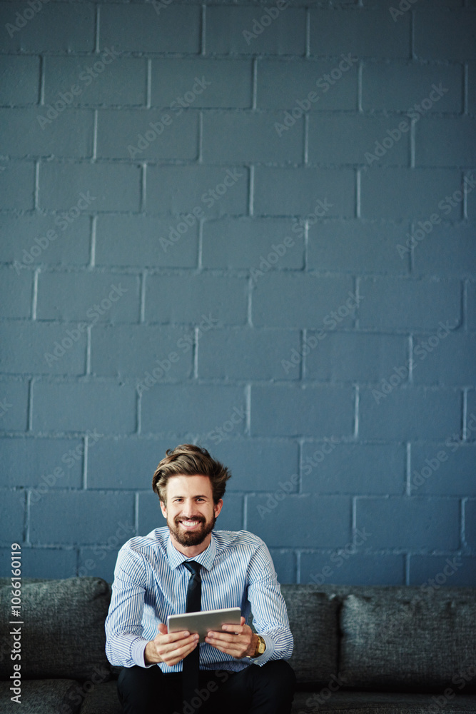 Poster portrait, tablet and smile with business man for cloud solutions architect, it consultant or mockup.