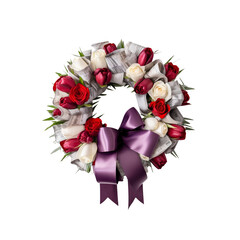 Red and White Tulip and Rose Wreath with Purple Bow