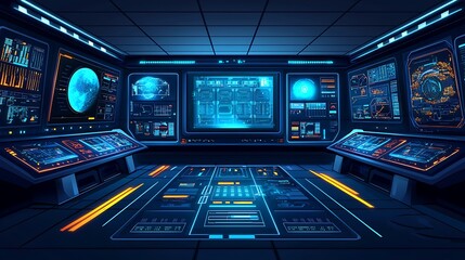 Obraz premium Futuristic Control Room with Interactive Displays and Interfaces.