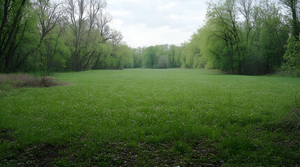 Obraz premium Green Field with Forest Border, grass, meadow, trees, nature, landscape