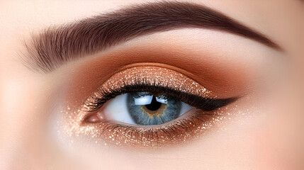 Obraz premium Close-up of Blue Eye with Shimmery Makeup, eyes, blue eyes, eyelashes, eyeshadow, glitter