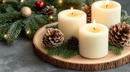 A minimalistic kitchen table arrangement showcases a wooden board, a vase, and a glass jar, complemented by festive elements.