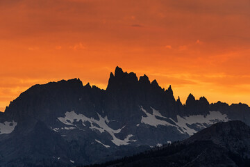 Orange Sunset Clouds Behind The Minarets Mountains Near Mammoth Lakes California