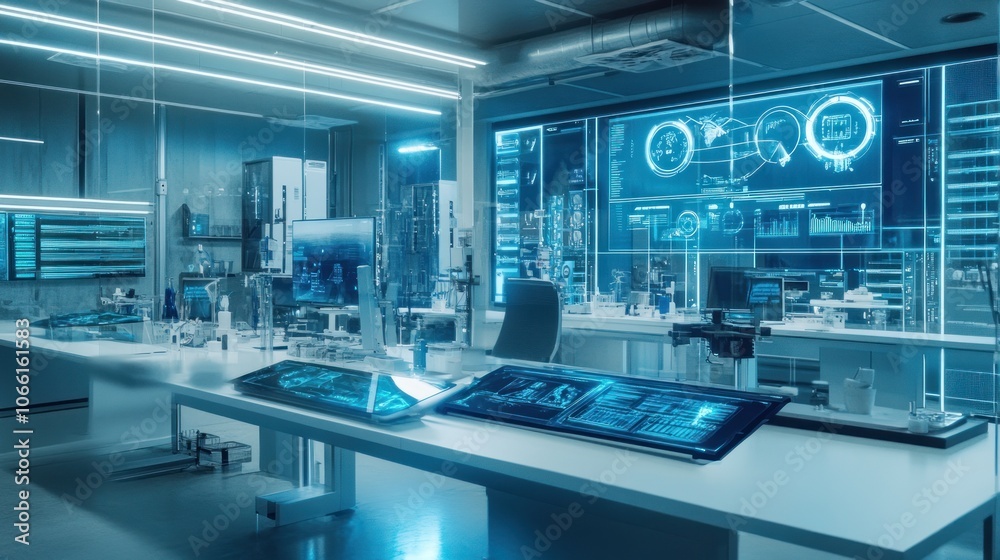 Poster futuristic laboratory with advanced technology and digital displays