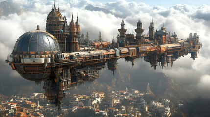 Steampunk City in the Clouds, sky, fantasy, futuristic, architecture, buildings