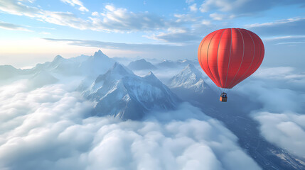 Obraz premium Dramatic mountain landscape covered in clouds and hot air balloon flying. 3d rendering adventure dream concept artwork. aerial image from british columbia, canada. Dreamscape. Illustration