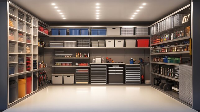 Organized garage with storage and tools