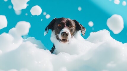 A cute dog in bath with soap foam on glossy white blue refreshing fashion background. adorable pet portrait shampoo pet grooming salon spa wallpaper