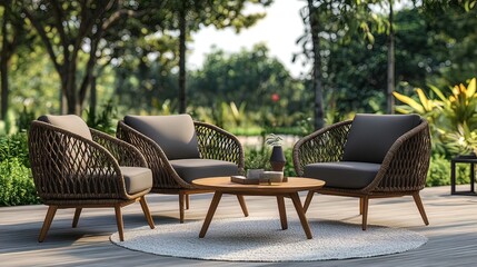 Three wicker chairs with gray cushions surround a wooden coffee table on a wooden patio.