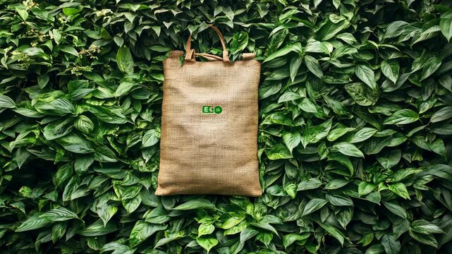 A brown reusable bag sits on a bed of green leaves