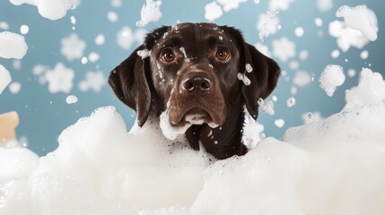 A cute dog in bath with soap foam on glossy white blue refreshing fashion background. adorable pet portrait shampoo pet grooming salon spa wallpaper
