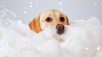 A cute dog in bath with soap foam on glossy white refreshing fashion background. adorable pet portrait shampoo pet grooming salon spa wallpaper